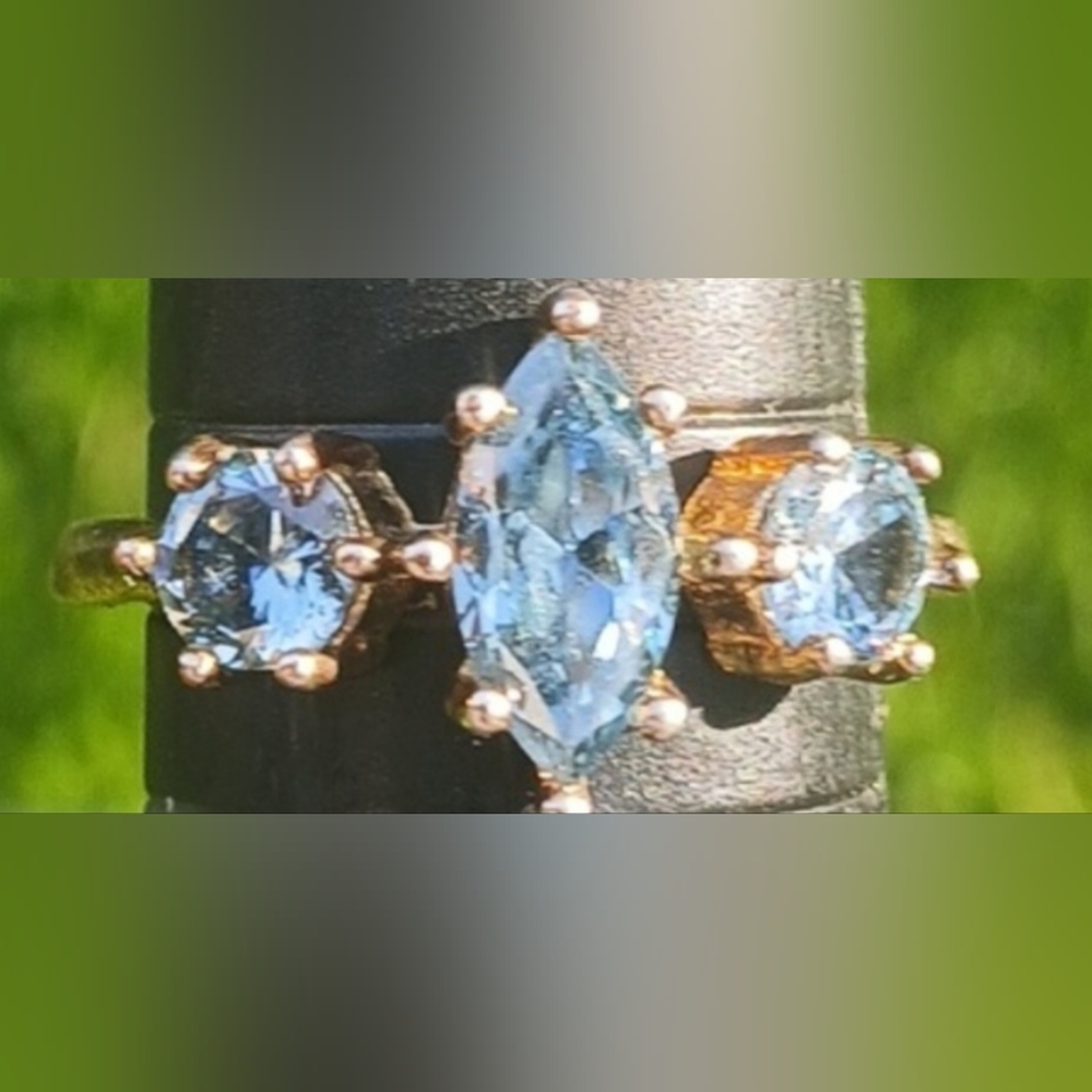 Sterling Aquamarine Triple Stone Vintage Ring Gold Plate 7.5